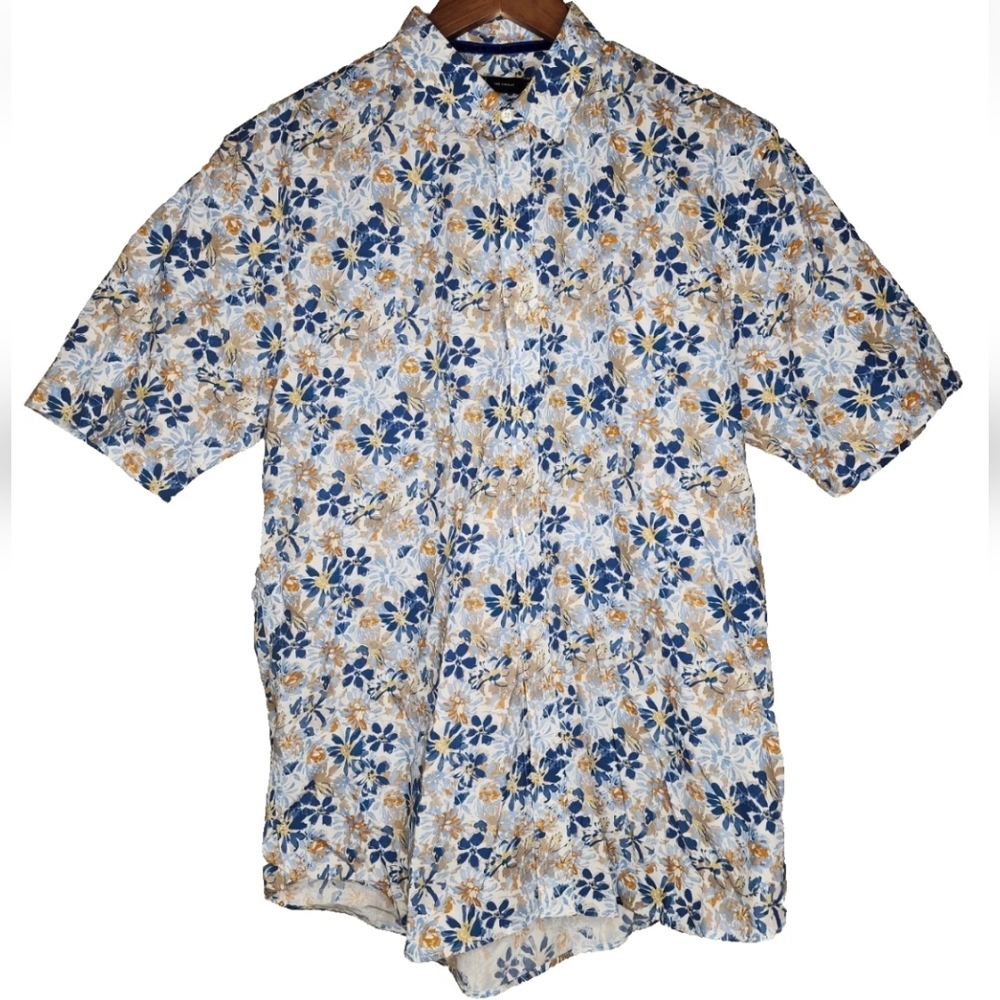 Le 31 Par Simons Blue Floral Leggiuno Cotton Short Sleeve Shirt Size M